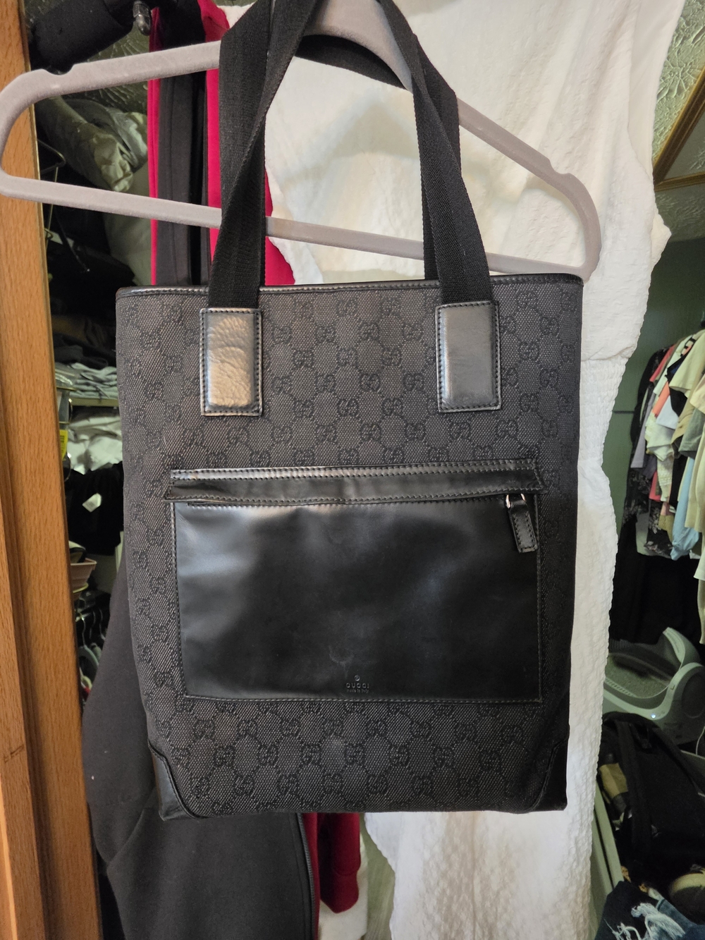 Gucci Black GG Canvas Leather Tote Bag
